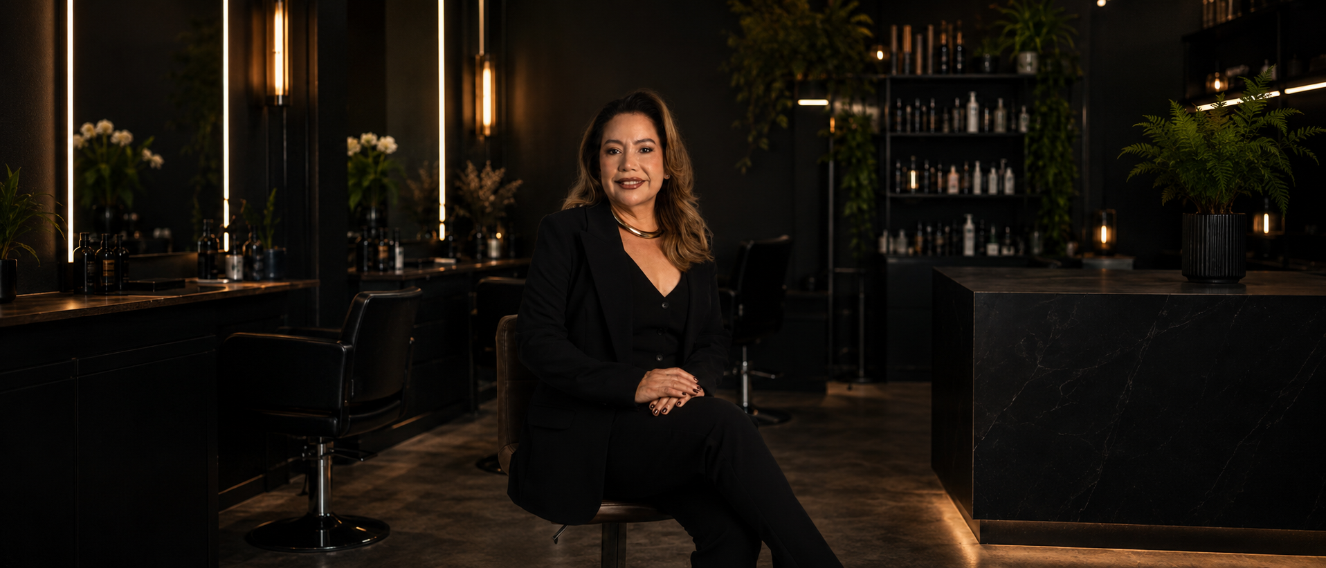 Founder Ada Camejo seated in a modern black salon showroom with styling stations, product shelves, and premium salon apparel atmosphere.