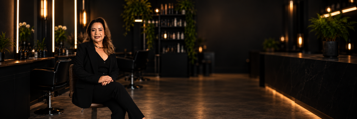 Stylist ProWear founder seated in a black suit inside a Miami Lakes salon showroom.